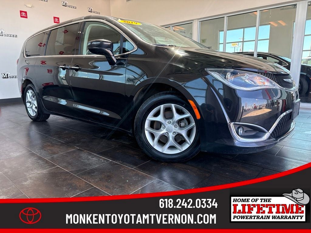 2019 Chrysler Pacifica Touring Plus in Brilliant Black Crystal Pearlcoat — front three-quarter view